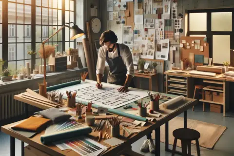 Architekt wnętrz rysuje plan domu w pracowni pełnej materiałów i próbek.